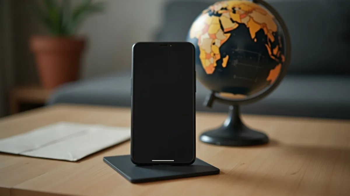 Smartphone à écran éteint posé sur une table en bois à côté d'un petit globe et d'une enveloppe, ambiance d'envoi d'argent à la famille à l'étranger