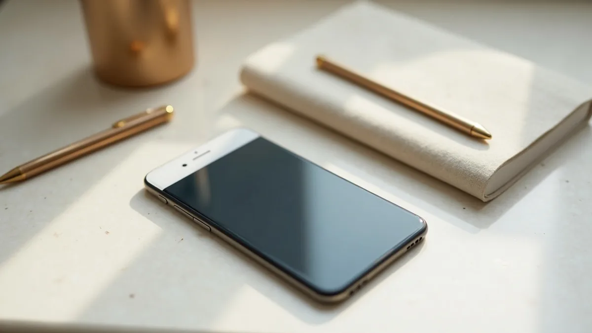 Téléphone à écran éteint posé sur un plan de travail clair, à côté d'un carnet en toile et de deux stylos, en lumière naturelle rasante
