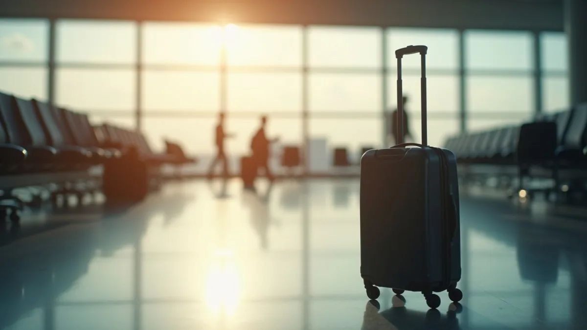 Salle d'embarquement d'aéroport déserte avec une valise à roulettes près de grandes baies vitrées, lumière du matin, ambiance de voyage silencieuse