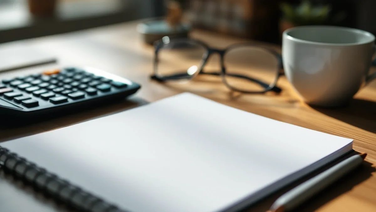 Calculatrice, lunettes de lecture et bloc-notes vierge sur un bureau, scène de révision de budget domestique