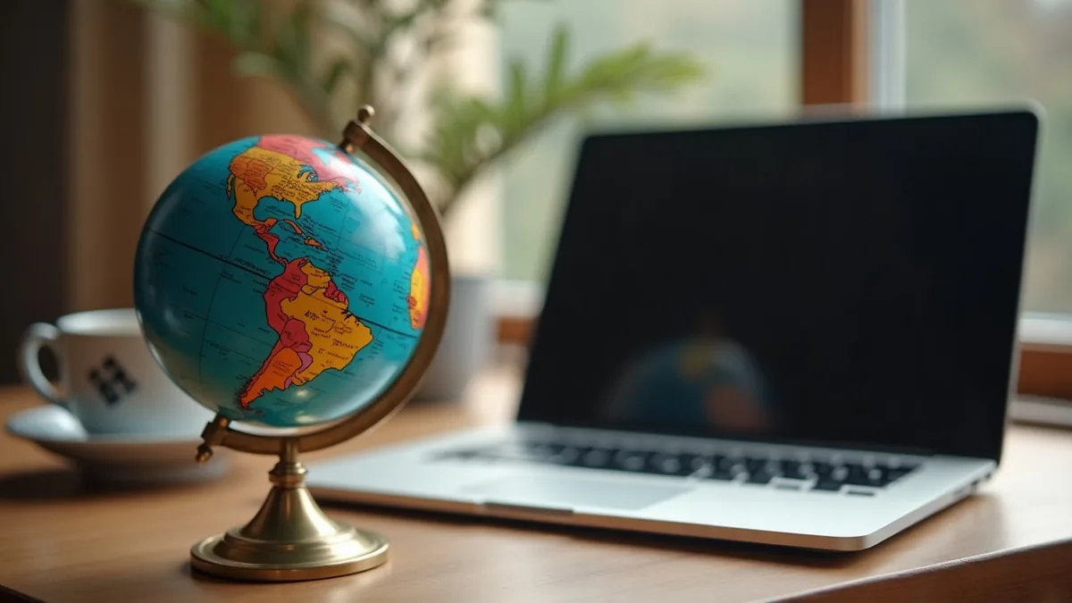 Petit globe terrestre en laiton posé sur un bureau en bois à côté d'un ordinateur portable fermé et d'une tasse de thé