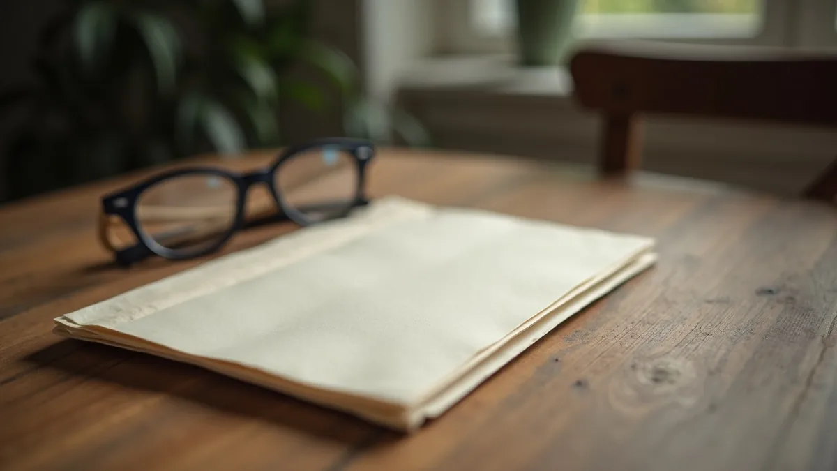 Enveloppe en papier fermée et lunettes de lecture posées sur une table en bois, lumière douce du matin