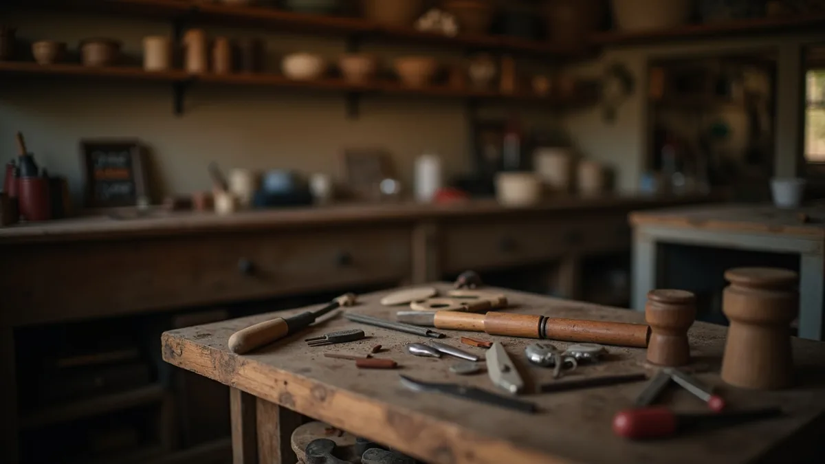 Intérieur d'un petit atelier d'artisan avec un comptoir en bois et des outils à main, lumière chaude, sans personne