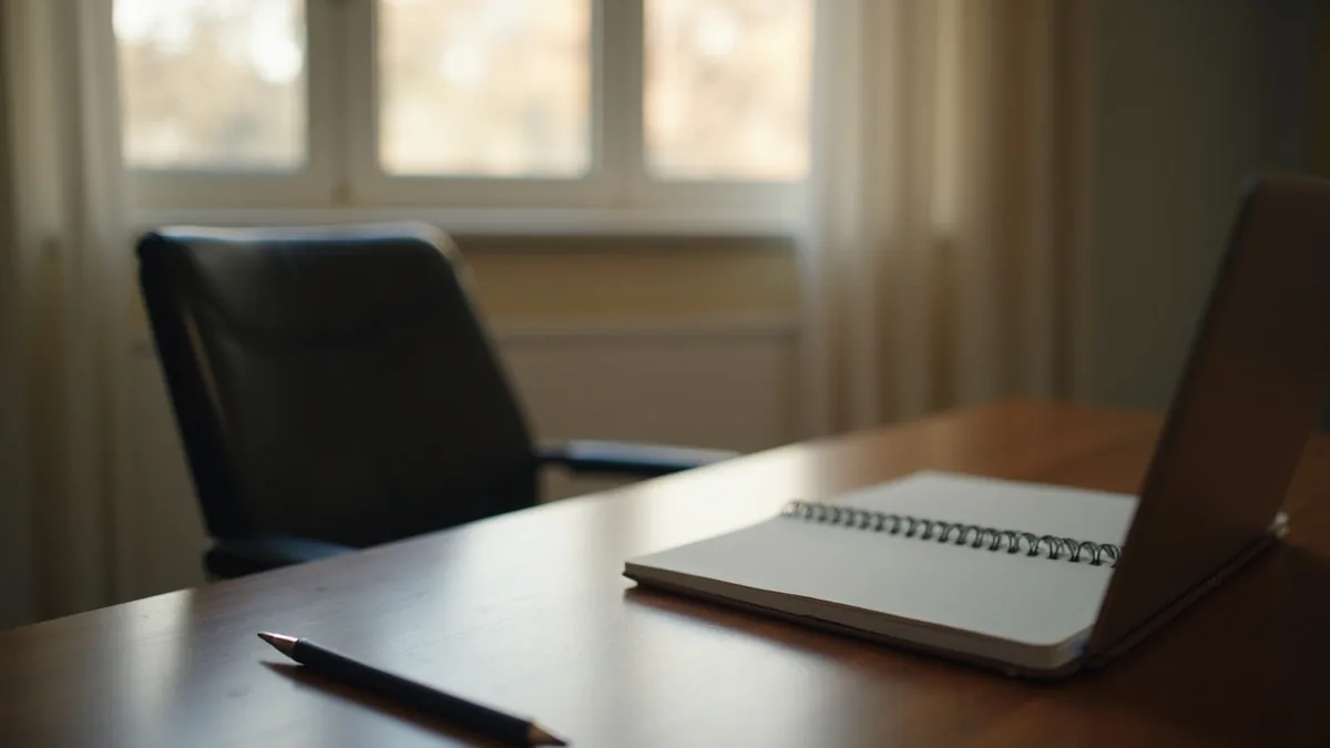 Bureau vide devant une fenêtre en fin d'après-midi : carnet à spirale ouvert, crayon et bord d'un ordinateur portable posés sur un plateau en bois sombre