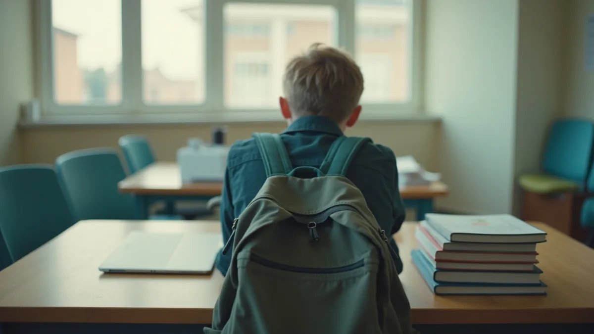 Bureau d'étudiant vu de dos avec ordinateur portable, pile de manuels et sac à dos en toile dans une pièce lumineuse