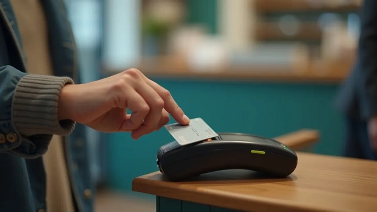 Main approchant une carte de paiement neutre d'un terminal sans contact posé sur un comptoir en bois